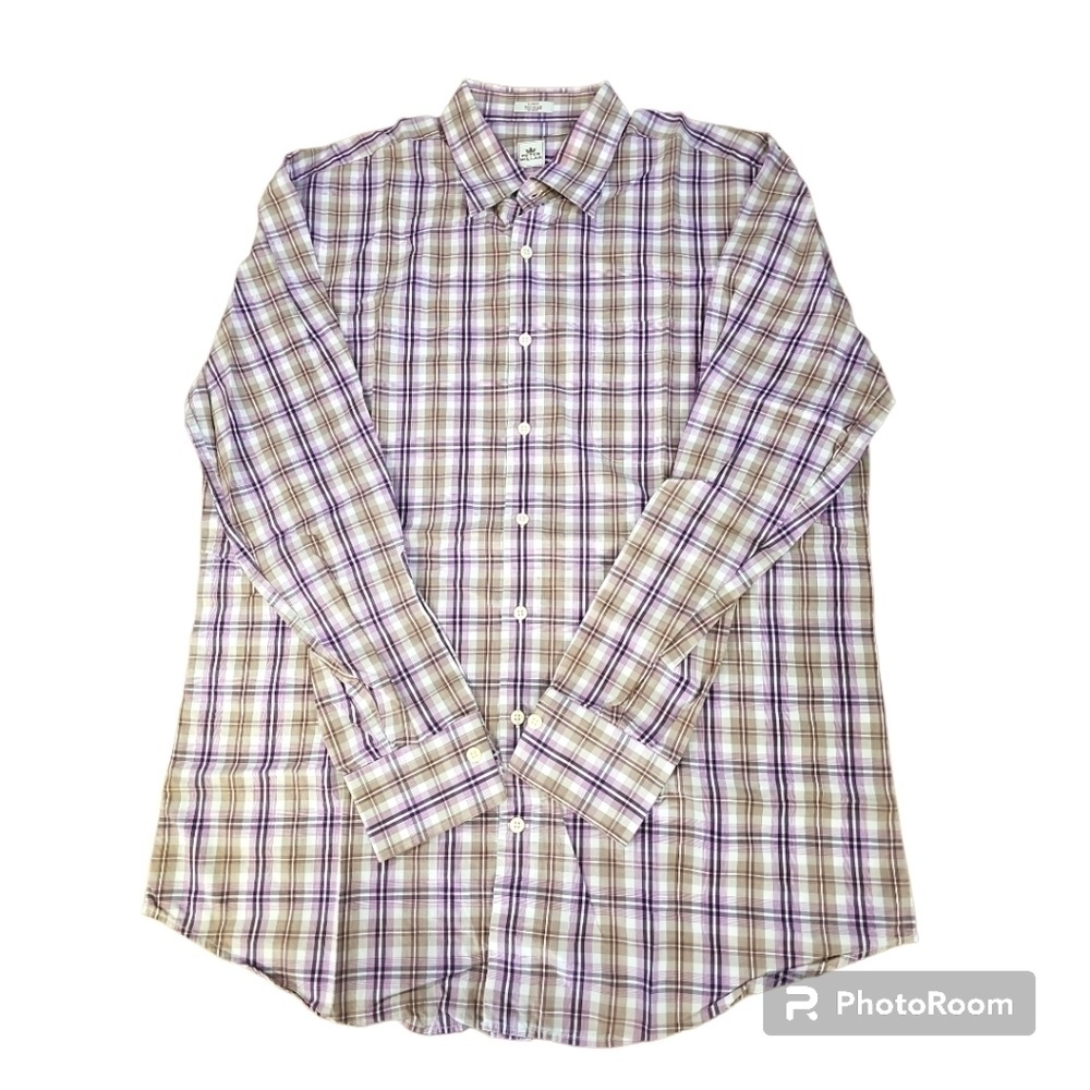 Peter Millar Men's Dress Shirt Large Plaid White Brown and White hidden button